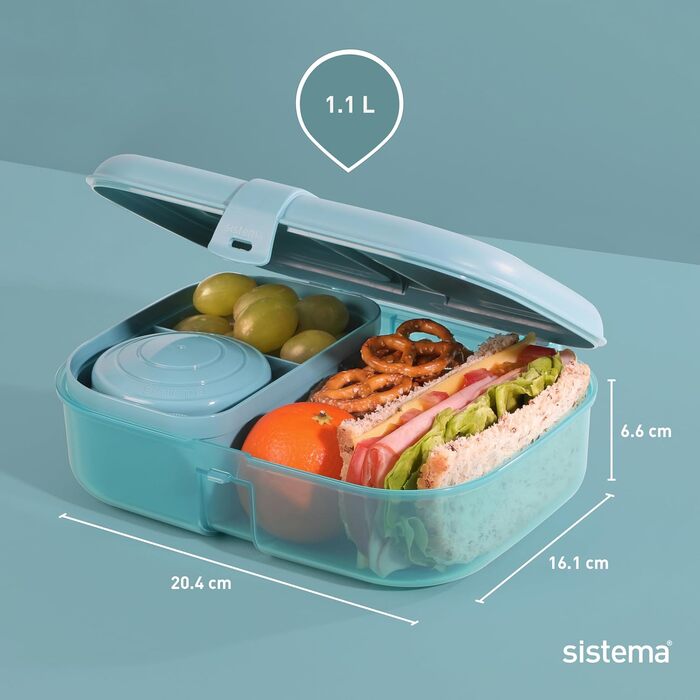 Ланчбокс Sistema Ribbon Bento з гнучкою вкладкою та контейнером для йогурту/фруктів Виготовлено з переробленого пластику 1,1 л, стиль Bento Без BPA, колір блакитно-бірюзовий