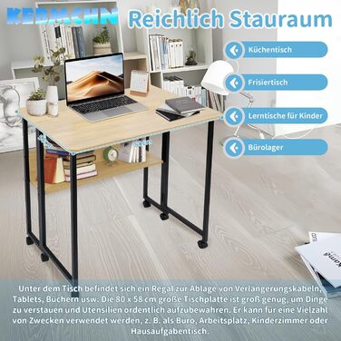 Розкладний стіл з полицею, 80x60x75 см, розкладний стіл на колесах, дерево та вуглецева сталь, компактний, багатофункціональний, для домашнього офісу, вітальні (колір дерева)