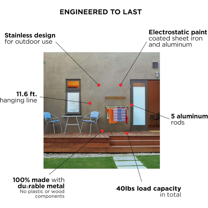 Вішалка для одягу Step Up - Настінна - Розсувна - Складана вішалка для одягу для використання в приміщенні або на вулиці - Компактний дизайн, вантажопідйомність 25 кг, кабель 6 м (70 см - сірий)