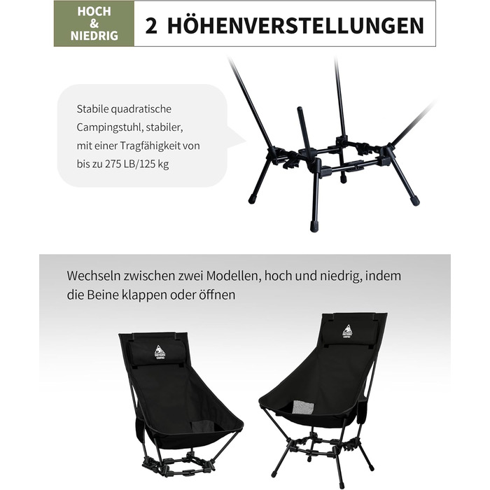Крісло для кемпінгу OneTigris DRAGONHIDE, висока спинка, складне, вантажопідйомність 125 кг, легке складне кемпінгове крісло, складне рибальське крісло з 2 боковими кишенями, надлегке складне крісло для використання на свіжому повітрі, для походів, чорне