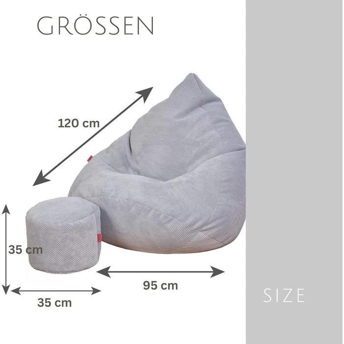 Крісло-мішок з пуфом, чорний, 95x95x120 см - XXL Крісло-мішок для дорослих з наповнювачем - Меблі для спальні та вітальні - Оксамитові крісла-мішки для дому - Крісло-мішок - Шезлонг, 95 x 95 x 120 см, чорний