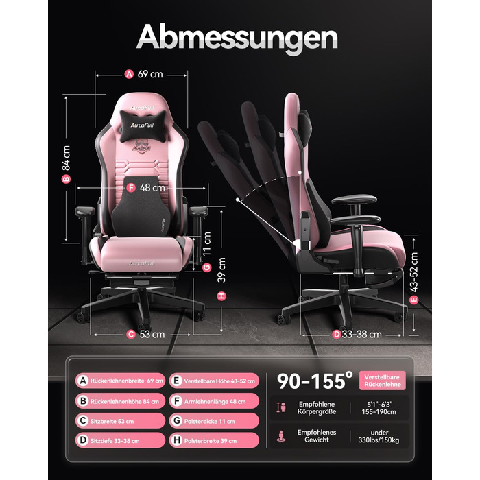 Ігрове крісло AutoFull C3, ергономічне ігрове крісло з поперековою опорою, регулюванням висоти та функцією нахилу, ігрові крісла з підставкою для ніг, вантажопідйомність 150 кг, гоночний дизайн сидіння зі штучної шкіри (рожевий)
