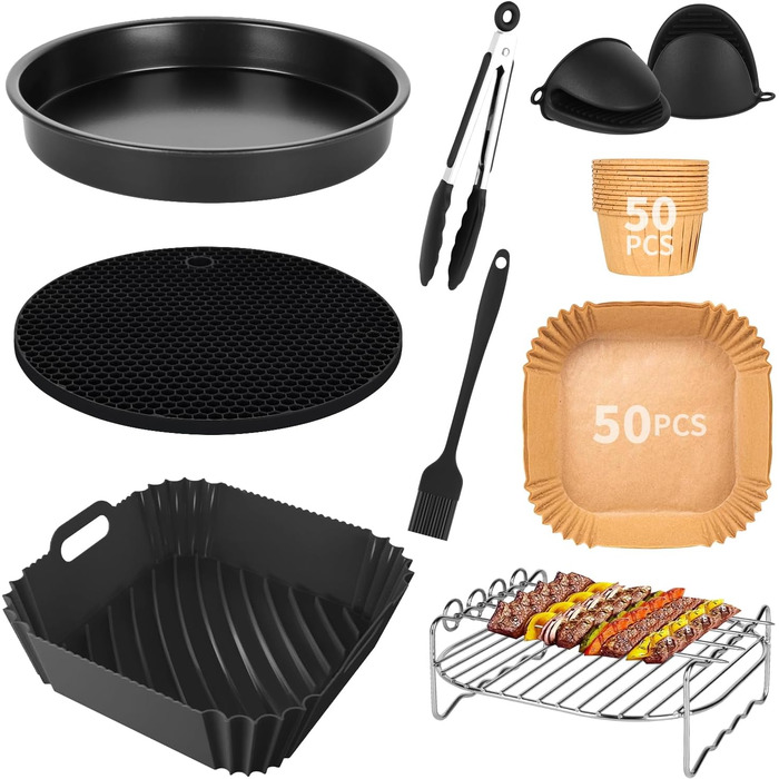 Аксесуари для фритюрниці XL і XXL 8 дюймів із 9 предметів Набір аксесуарів для потовщеної фритюрниці, сумісний із Cosori 4.7L Philips 6.2L