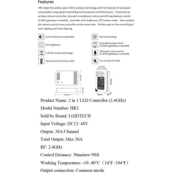 Контролер світла LGIDTECH HR2 Miboxer 2-в-1 зі світлодіодною стрічкою з максимальною вихідною потужністю 30 А, сумісний з одноколірною та подвійною білою світлодіодною стрічкою CCT, керування додатком для смартфона