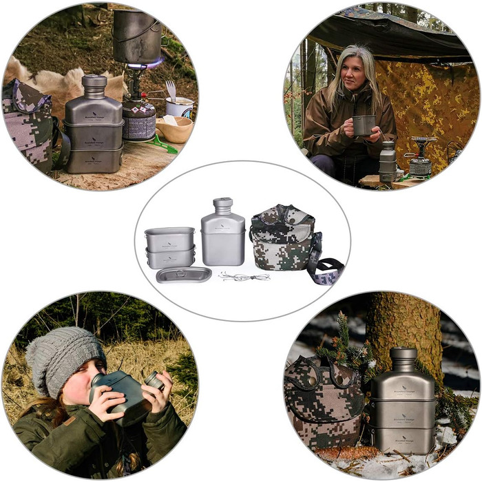 Титанова фляга Boundless Voyage 1100 мл, чашка 750 мл, чашка 400 мл, набір для кемпінгу та відпочинку на природі, військова фляга, пляшка для води, набір для приготування їжі, набір для їдальні, пляшка для води з камуфляжною сумкою Ti2049c-750 мл, 400 мл 