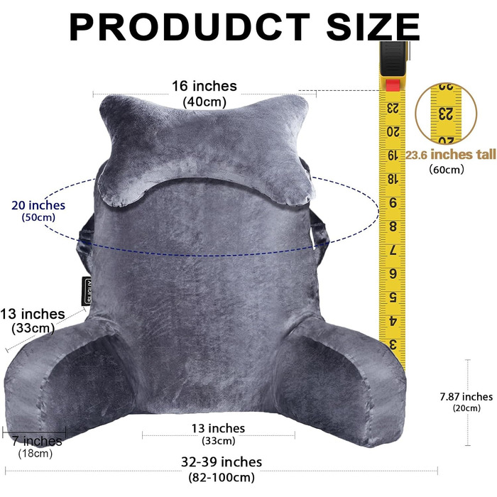 Подушка для читання для сидіння в ліжку або на дивані для дорослих, подушка для спини з кишенями, подушка для спини для дорослих, крісло-ліжко для відпочинку, читання, перегляду телевізора, ігор, темно-сірий