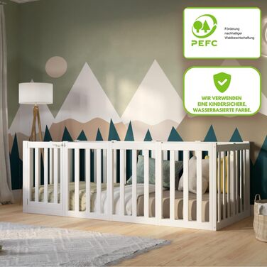 Дитяче ліжко 120x200 см Ліжко Монтессорі на підлогу з високим захистом від падіння 73 см та відкривним бар&39єром - Біле з гладкою поверхнею - Ідеально підходить для хлопчиків та дівчаток Crazy John 200 x 120 см Біле