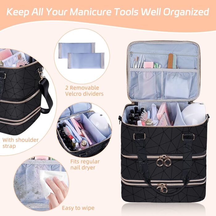 Футляр для зберігання лаку для нігтів на 84 пляшечки та 1 світлодіодну лампу для нігтів, сумка-органайзер для макіяжу, косметичка для аксесуарів для дизайну нігтів, органайзер для лаку для нігтів (чорний) чорно-сірий