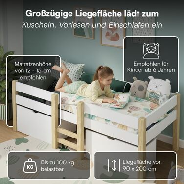 Дитяче ліжко Bellabino Aspy 90x200 см Ліжко-горище з 2 шухлядами, поручнями та рейковою основою Ліжко середнього класу з драбиною з масиву сосни білого/натурального кольору Дитяче ліжко з місцем для зберігання (матрац не входить до комплекту) Біле - з шух