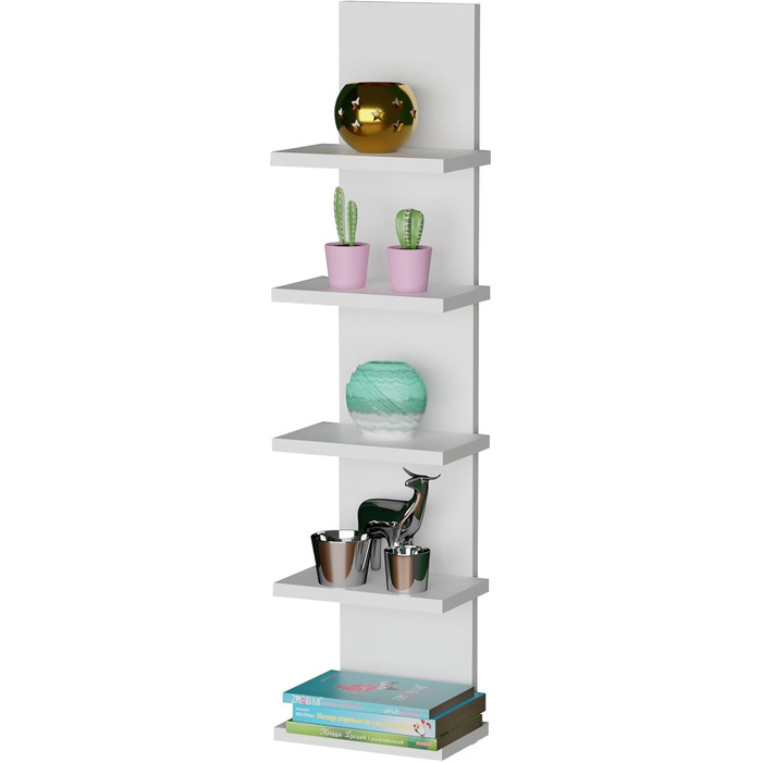 Настінна полиця MARAND, підвісна, 80 см Книжкова полиця з 5 полицями з ламінату матово-білого кольору, сучасна дизайнерська підвісна полиця для вітальні, офісу, коридору або кухні, легке складання, 5 полиць, матово-білий колір