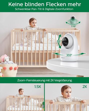 Дюймовий радіоняня Sebikam з 2 камерами, екран HD 720P, відеоняня, батарея 4000 мАг, відеоняня PTZ 355, режим VOX, нічне бачення,