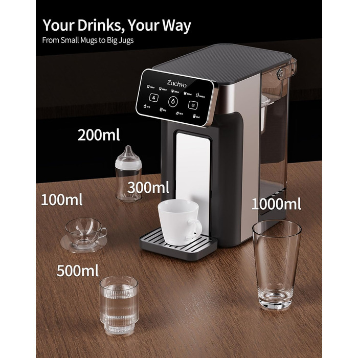 Диспенсер для гарячої води ZACHVO KEI906 (без фільтра) - 2600W швидкий нагрів, 4 температурні рівні, 5 об&39ємів води, ємність для води 3 л, компактний для кухні, офісу та дому, чорний