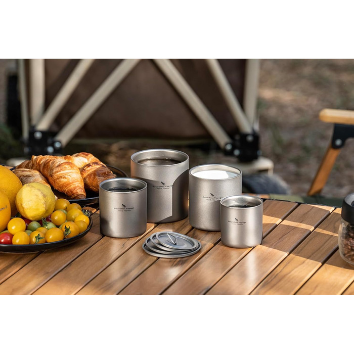 Титанова кружка iBasingo 300 мл, чашки з подвійними стінками та кришкою, надлегкі штабельовані металеві чашки для чаю та кави, міцні портативні напої для кемпінгу, подорожей та щоденного використання на свіжому повітрі Ti3242D 300 мл Ti3242d