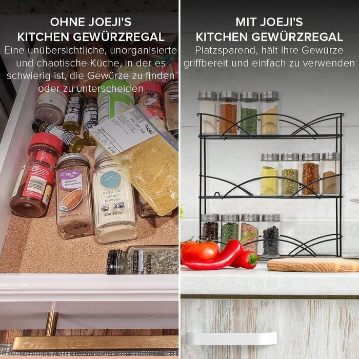 Підставка для спецій Joeji&39s Kitchen Standing Spice Organiser - Для банок зі спеціями та травами - Вміщує до 21 банки зі спеціями - У комплекті 2 присоски для стійкості - Не потрібно свердлити - Підставка для спецій (чорна)