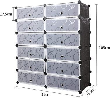 Взуттєва полиця Mondeer, 12 відділень, пластикове відділення для зберігання взуття, модульна пластикова полиця, взуттєва шафа для взуття, сумок та інструментів, з дверцятами, 91 * 36 * 105 см, чорна з друкованим декором
