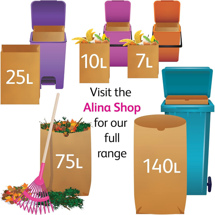 Компостований паперовий мішок для харчових відходів Alina/біорозкладний паперовий мішок об&39ємом 7 літрів, 50 x 6 - 8 л (коричневий, 50 пакетів), 50 шт. (1 упаковка)