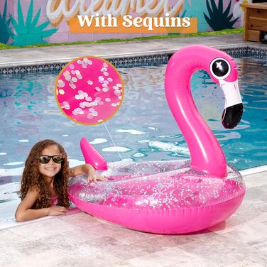 Надувний поплавок для басейну JOYIN Flamingo з блискітками, трубочки для плавання, веселі пляжні поплавки, іграшки для басейну, прикраси для дитячої літньої вечірки (95 x 82 x 94 см)