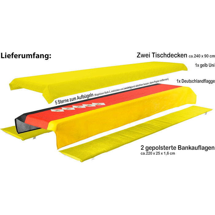 Набір подушок для пивної лавки Brandsseller WM Edition 5 зірок для прасування, дві скатертини Німецький прапор і Yellow Plain 240x90 см Лавка 220x25x1,6 см - World Cup Edition/Yellow Bench 220x25x1.6 см - Ковдра 240x90 см World Cup Edition/Yellow