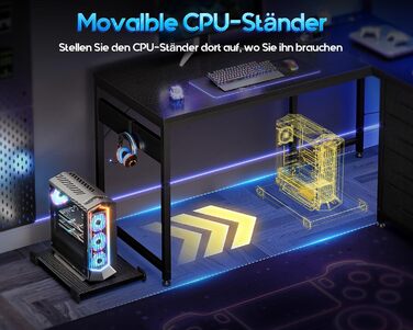 Ігровий стіл Coleshome зі світлодіодним освітленням, 130 x 100 см, двосторонній ігровий стіл з шухлядами та розетками, кутовий стіл з відділенням для зберігання та місцем для зберігання, чорний 130 x 100 см, чорний