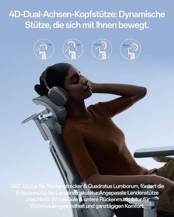 Інтелектуальне ергономічне крісло Hbada X7, офісне крісло, з повністю автоматичною поперековою опорою, регульованим підголівником 4D, регульованими підлокітниками 720, вентильованою подушкою сидіння, функцією повороту, сірим поліпропіленом