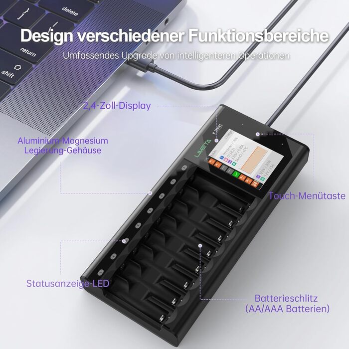 Зарядний пристрій LIMETA R8 для батарейок типу AA та AAA, 8-слотовий зарядний пристрій з функцією швидкої зарядки USB Type-C QC3.0 та РК-дисплеєм, автоматичне визначення типу батарейки, функція розрядки