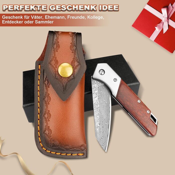 Кишеньковий дамаський ніж складаний ніж з затискачем для ременя, гострий одноручний ніж з лезом з дамаської сталі, дерев'яна ручка