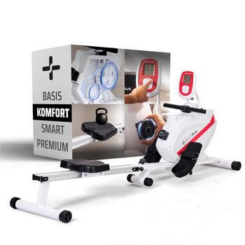Складаний гребний тренажер SportPlus для домашнього використання - Розроблено в Німеччині - Для початківців та досвідчених користувачів - Гребний тренажер з магнітним опором, надзвичайно тихий, складний та компактний, до 150 кг, білий/червоний