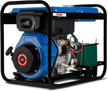 Дизельний аварійний генератор EBERTH потужністю 5000 Вт, генератор з дизельним двигуном потужністю 10 к.с., 4-тактний, електричний запуск, 3-фазний, 400 В, 230 В, 12 В, автоматичний регулятор напруги (AVR), захист від низького рівня оливи, 3-фазний (400 В