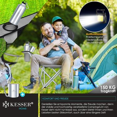 Складаний кемпінговий стілець KESSER, до 150 кг, Рибальський стілець, Складаний стілець, М&39який з підлокітниками, Висока спинка, Пляжний стілець, Складаний табурет, включаючи кемпінговий ліхтарик, Підставка для напоїв, Сумка та чашка, Сірий/Чорний