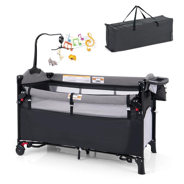 Дорожнє ліжечко 5 в 1 для немовлят, 120 x 60 см, приліжкове ліжко з матрацом та пеленальний столик, музичний мобіль та іграшки, дитяче ліжечко з регульованою висотою для немовлят від народження (темно-сірий)
