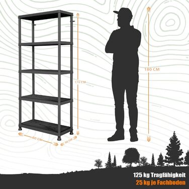 Пластиковий стелаж, шириною 60 см або 74 см, для комори та складського приміщення, кухня, вантажопідйомність 100 кг, 4 полиці, вузька полиця для підвалу чорного кольору (1, 5 полиць), 5 полиць