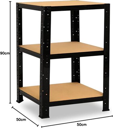 Чорна надміцна полиця/Металева полиця 3 полиці вантажопідйомністю 175 кг кожна/Полиця для зберігання для підвалу та дому/Металева полиця настільна В 90 см / Ш 50 см / Г 50 см, 90x50x50