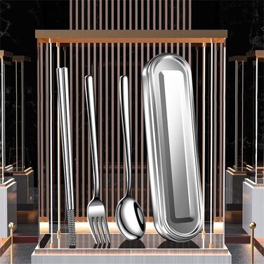 Набір столових приборів з нержавіючої сталі для подорожей з коробкою виделка, ложка, палички для їжі - для офісу, кемпінгу, пікніка та використання на природі