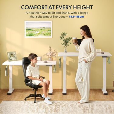 Стіл FlexiSpot з регульованою висотою Basic з організацією кабелів, гачками та цільною стільницею, ергономічний стіл для домашнього офісу, офісний стіл (120x60 см, білий) 120 x 60 см Білий біла рама