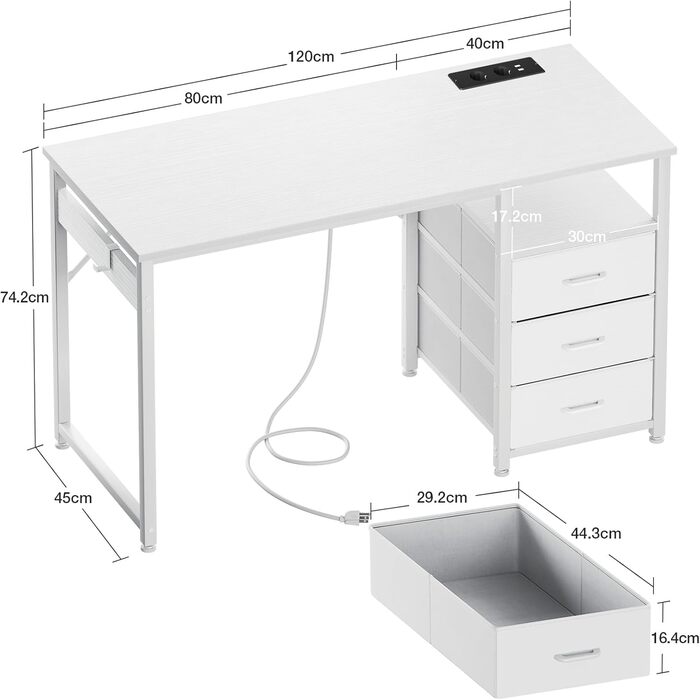 Письмовий стіл ODK з 3 тканинними шухлядами, 120x48x75,5 см, Комп&39ютерний стіл з 2 розетками та USB-портами, Двосторонній ПК-стіл, Офісний стіл для домашнього офісу, Білий 120x48x75,5 см Білий