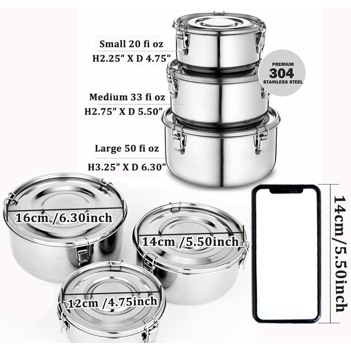 Контейнери з нержавіючої сталі з кришками, 3 шт., ланч-бокс з нержавіючої сталі 304, герметичний металевий контейнер, ідеально підходить для походів, обідів, залишків їжі, супів, салатів