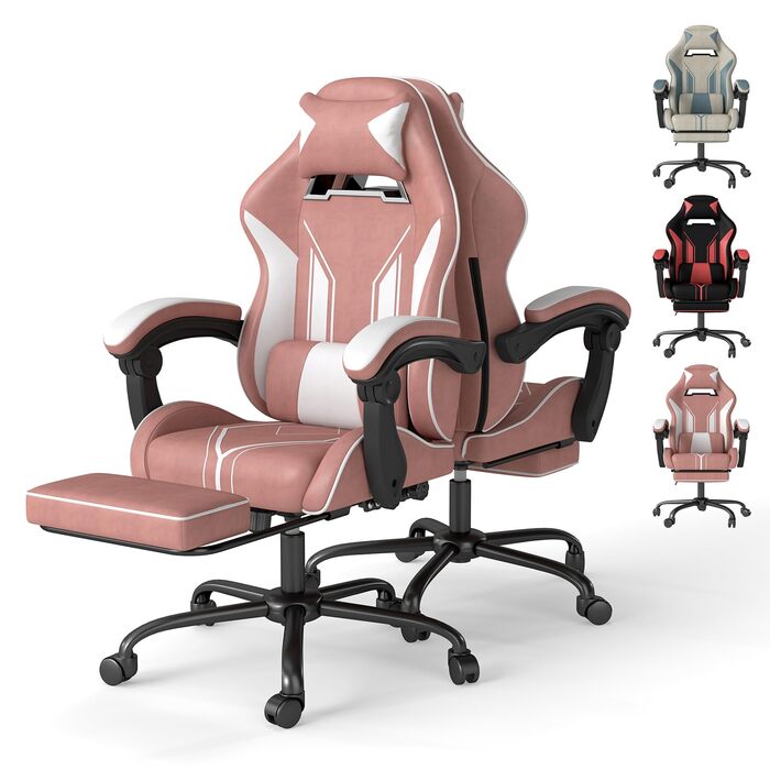 Геймерське крісло з підставкою для ніг, ергономічний дизайн з підголівником та поперековою опорою - офісне крісло з високоякісної технічної тканини та вантажопідйомністю 130 кг для кіберспорту/домашнього офісу/ігор, рожеве