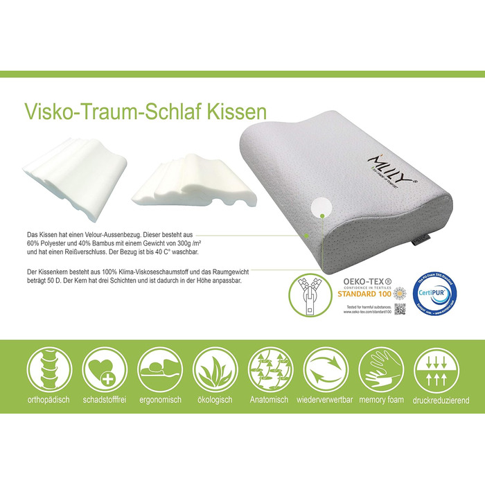 Ортопедична подушка для шиї Ebitop, подушка з віскозної піни з ефектом пам&39яті, регульована по висоті, ергономічна подушка для голови, подушка для сну, подушка для шиї, 60x35x13 см, білий (60x35x13 см)