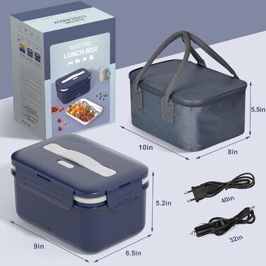 Електричний ланч-бокс потужністю 100 Вт для дорослих, термобокс 3-в-1 12/24/220 В зі столовими приборами та ізольованою сумкою для ланчу, герметичний, великий контейнер об&39ємом 1,8 л, ланч-бокс з відділеннями для автомобіля, вантажівки, офісу, темно-син