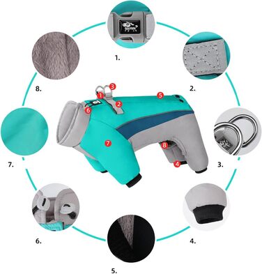 Зимове пальто для собак, повний чохол, теплий флісовий зимовий комбінезон для собак з інтегрованою шлейкою, водонепроникний, вітрозахисний, бампер для цуценят з 4 лапками, світловідбиваючий, водолазка, холодна погода (M)