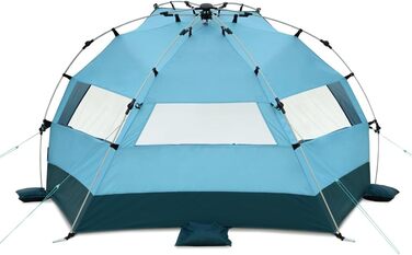 Великий пляжний навіс із захистом від ультрафіолету (UV80) для 3 осіб, включаючи піщані кілочки та сумку на колесах. Захист від сонця для сімей, дітей, немовлят або собак. Світло-блакитний