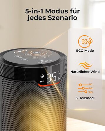 Енергозберігаючий вентилятор-обігрівач ПЕРЕМОЖЕЦЬ ТЕСТУ, 1500 Вт ECO вентилятор-обігрівач, тихий, 24-годинний таймер, невеликий вентилятор-обігрівач із захистом від перекидання та перегріву, чорний