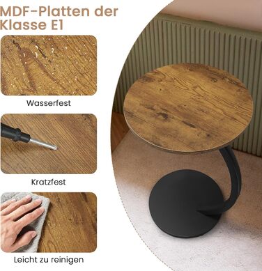 Журнальний столик WOLTU C-подібної форми, круглий журнальний столик, столик для дивана, маленький столик для дивана, ліжка, з металевим каркасом та стільницею з МДФ, індустріальний стиль, 40 x В 65 см, вінтажний вигляд дерева, BTS21hov