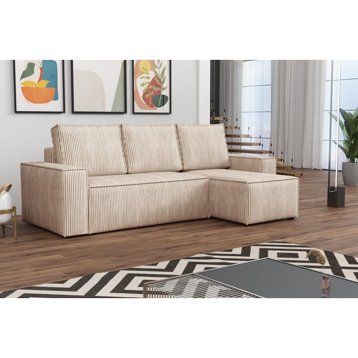 Г-подібний кутовий диван Bergamo, 240x142 см, з функцією сну та відділенням для зберігання речей. Вельветовий диван-ліжко, універсальна сторона, невеликий диван для передпокою, 3-місний кутовий диван-ліжко для вітальні, подушки, бежевий. Zoom 1 - Бежевий.