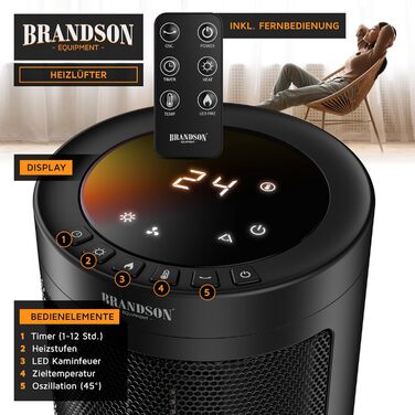 Енергозберігаючий, тихий вентилятор-обігрівач - Ефект каміна - Коливання - з пультом дистанційного керування - Лауреат нагород - 2 швидкості - Таймер - Ванна кімната, вітальня, офіс, дитяча кімната A Тип 1 Чорний