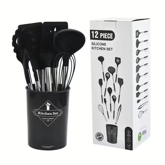 Силіконовий набір кухонного приладдя, 12 предметів, чорний