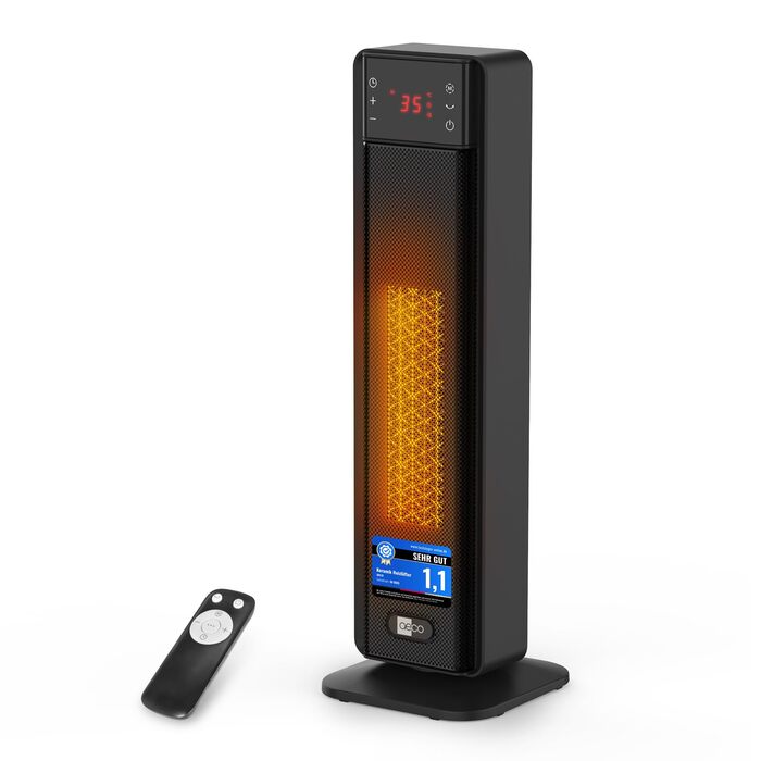 Енергозберігаючий вентилятор-обігрівач aeco EcoHeat Boost 58 см з пультом дистанційного керування, світлодіодний еко-режим 2000 Вт, 24-годинний таймер, 4 режими, тиха робота, керамічний термостат, коливання 75, захист від перегріву та перекидання, радіаці