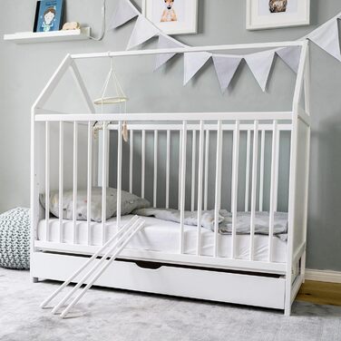 Дитяче ліжечко Двоспальне ліжечко 60x120 см з шухлядою та матрацом Ліжко для дому Дитяче ліжко 120x60 см біле з шухлядою, регульов