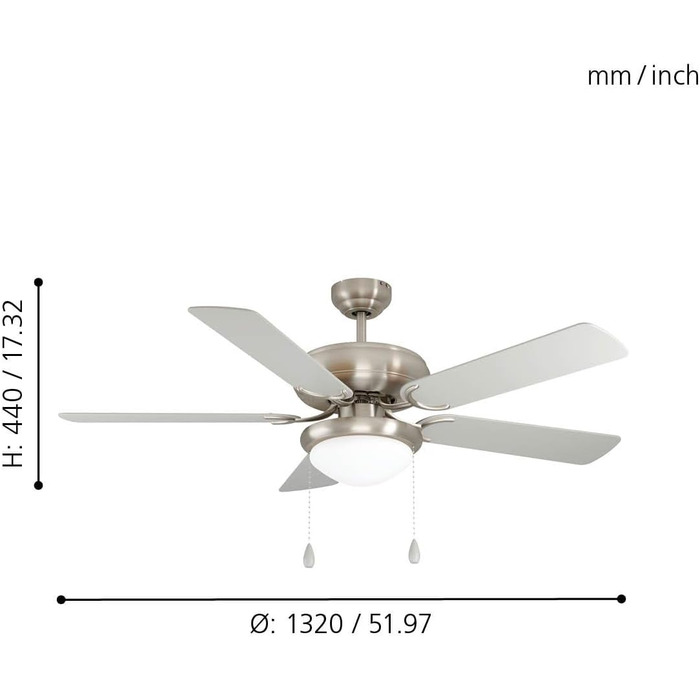 Стельовий вентилятор EGLO BALLINA, 5-лопатевий вентилятор з підсвічуванням, тяговий ланцюг, реверсивні лопаті з фанери в сріблястому або дубовому кольорі, корпус зі сталі матового нікелю, літо-зима, двигун змінного струму, Ø 132 см