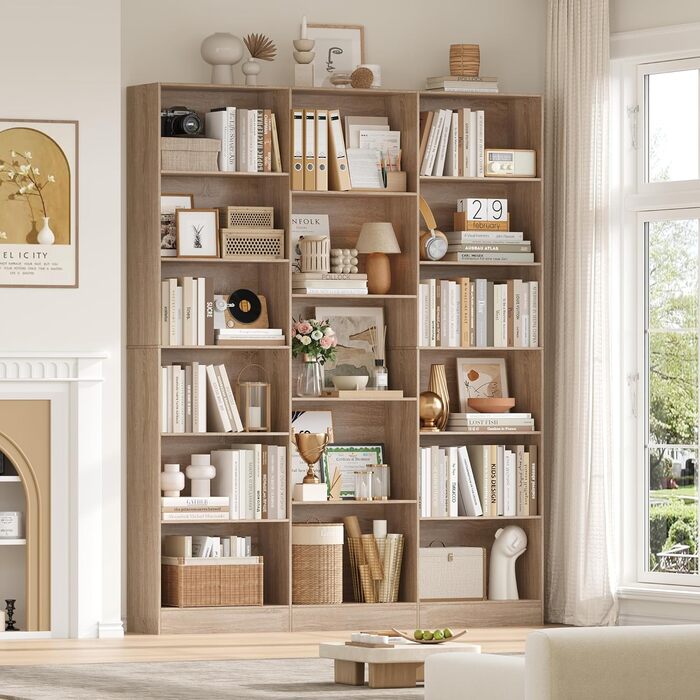 Книжкова шафа FirFurd 188 см, полиця з 17 відділеннями, книжкова шафа, окремостояча полиця, полиця для зберігання, для вітальні, офісу, кабінету, 149 x 23,5 x 188 см, дуб